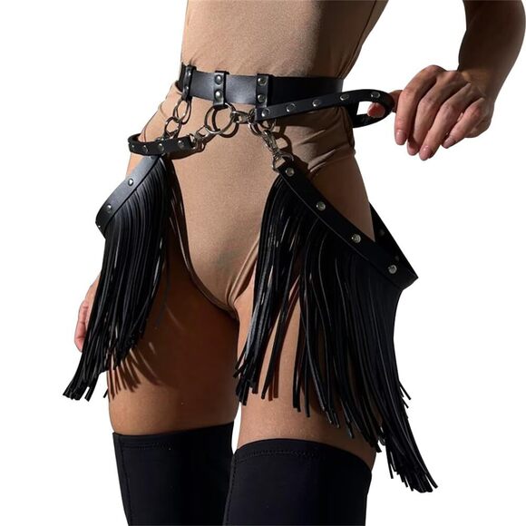 Accessories - 2298 Women Leather Tassel Waist Belt Gothic Fringe Long Punk